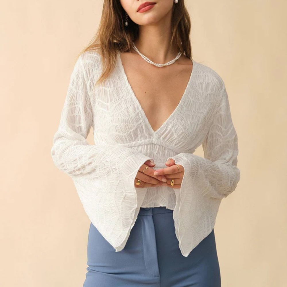 RIHOAS The Solid V Neck Textured Blouse - small